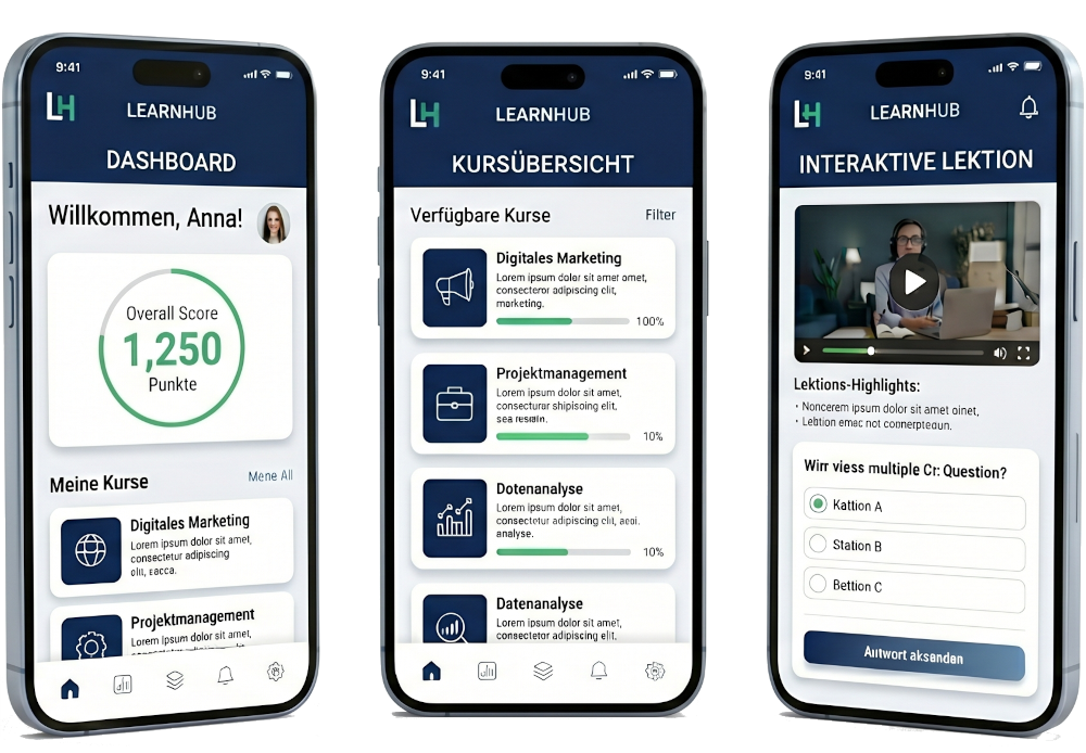Beispiel-App auf drei Smartphones: Lerneinheiten, Fortschritt und Profil